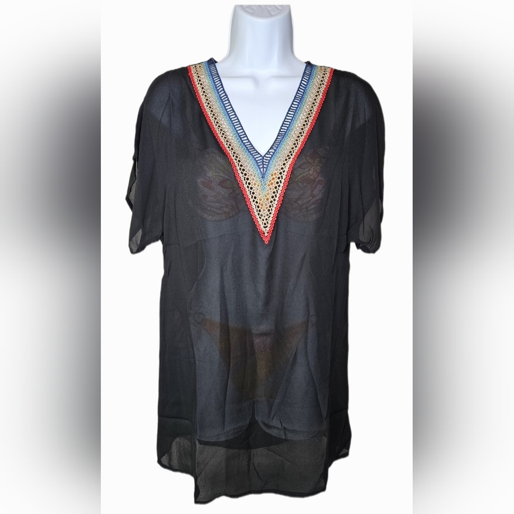 NWT Women's Boho Swimsuit Cover-Up Embroidered Sheer Short Sleeve Black Sz S
